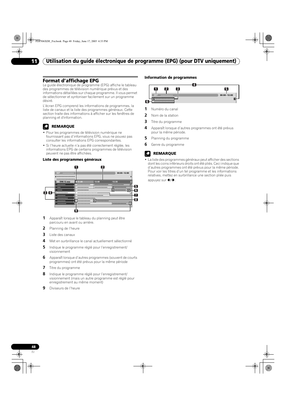 11 utilisation du guide électronique de, Programme (epg) (pour dtv uniquement), Format d’affichage epg | Pioneer PDP-506XDE User Manual | Page 126 / 236