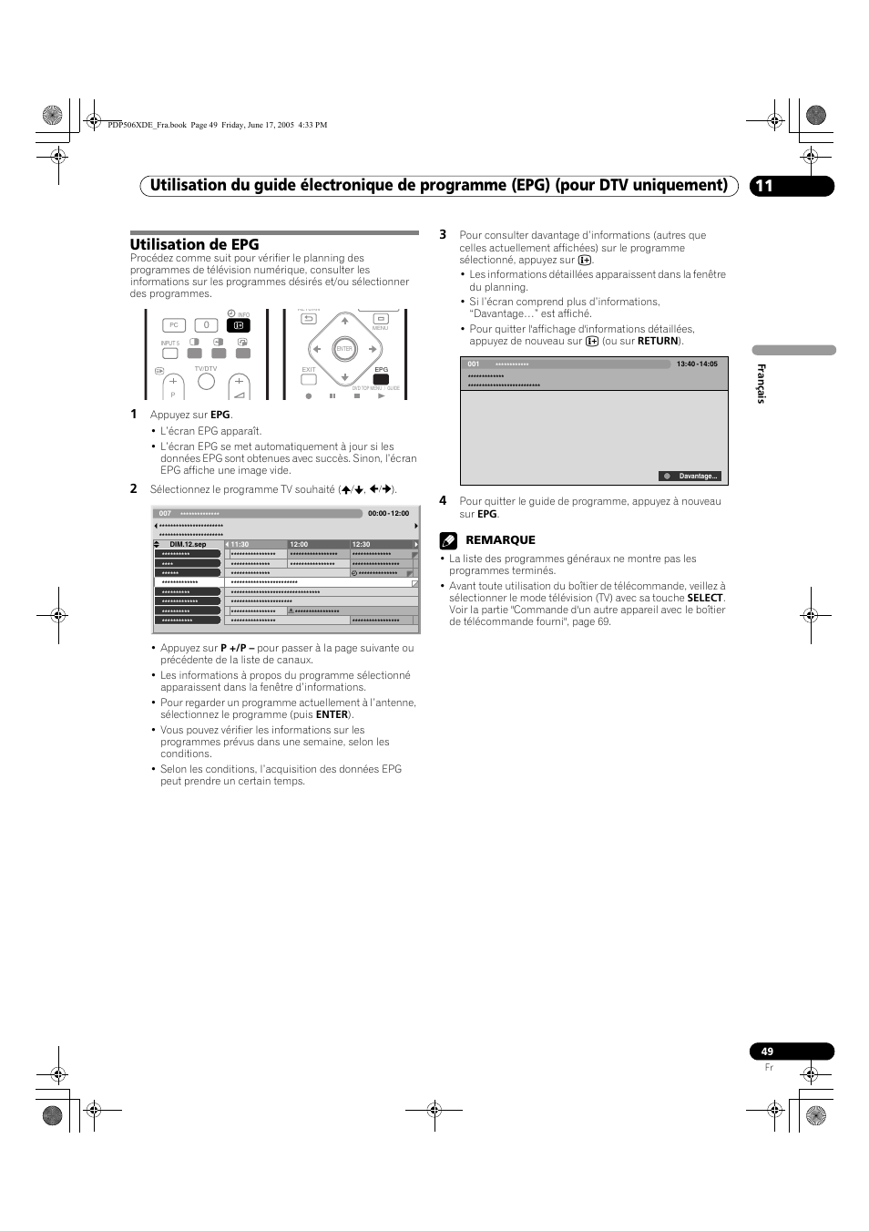 Utilisation de epg, Remarque | Pioneer PDP-506XDE User Manual | Page 127 / 236