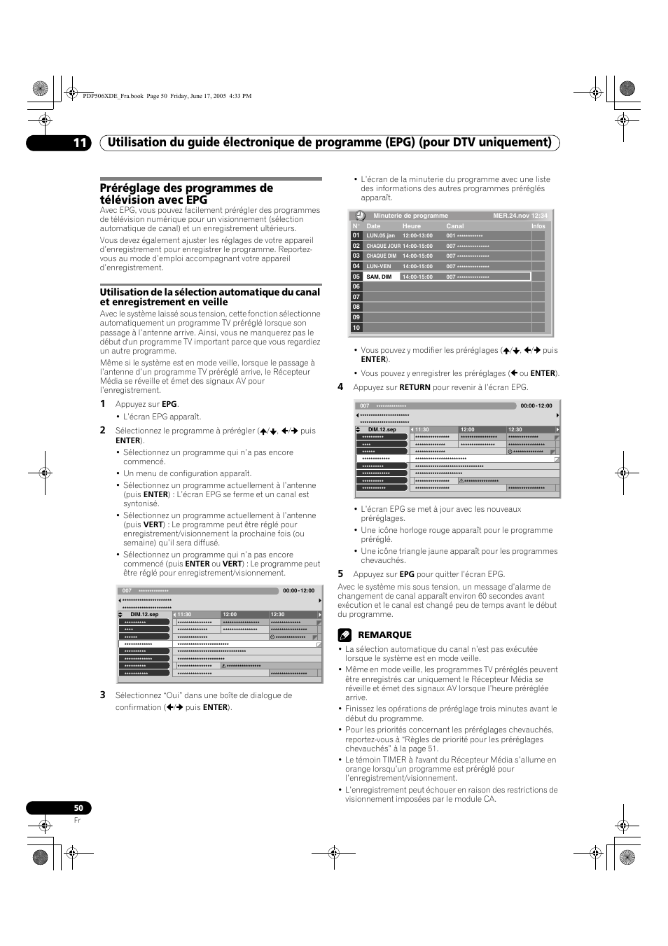 Préréglage des programmes de télévision avec epg, Remarque | Pioneer PDP-506XDE User Manual | Page 128 / 236