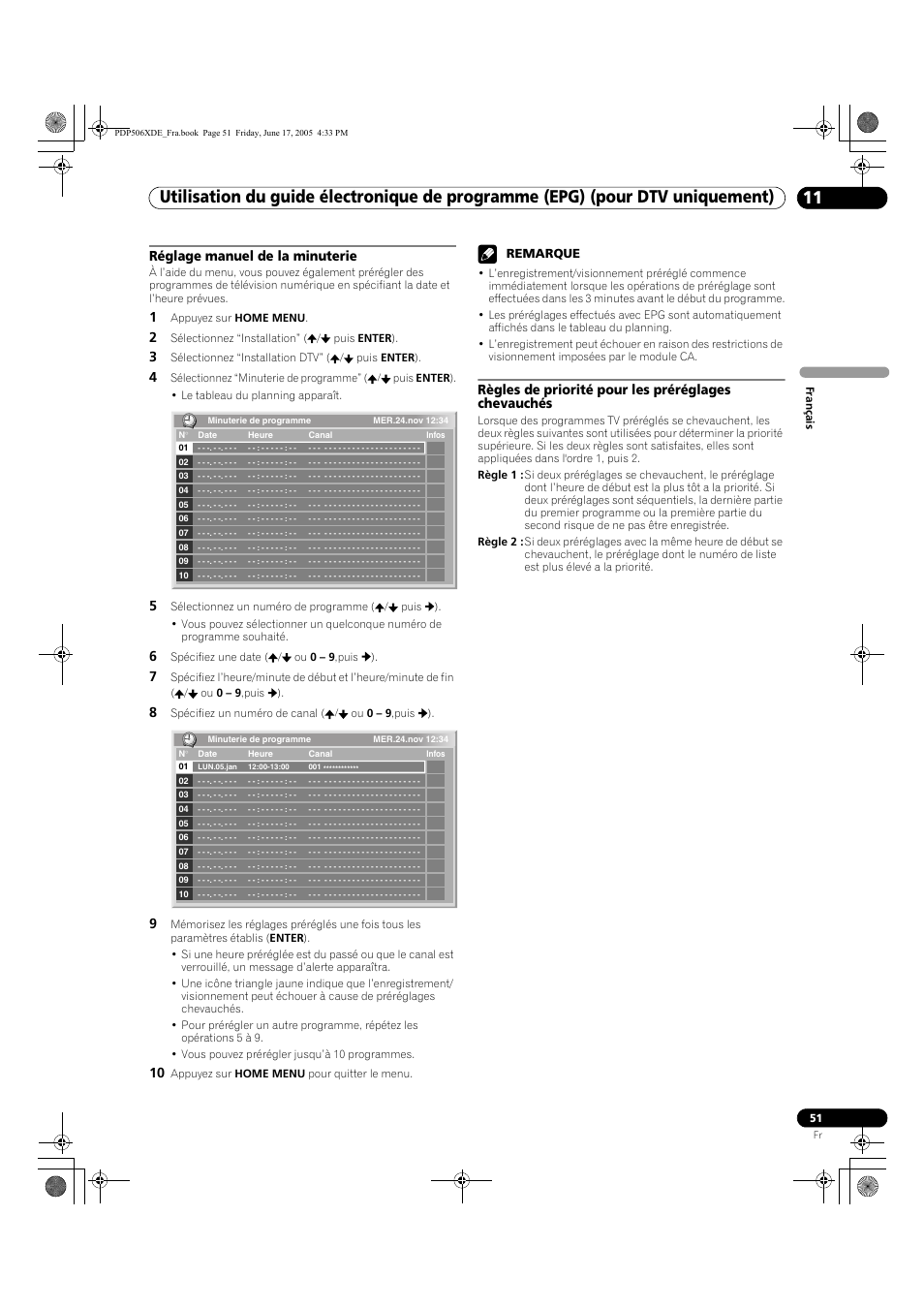 Réglage manuel de la minuterie, Règles de priorité pour les préréglages chevauchés, Remarque | Pioneer PDP-506XDE User Manual | Page 129 / 236