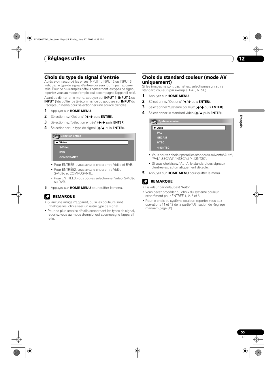 Réglages utiles 12, Choix du type de signal d'entrée, Choix du standard couleur (mode av uniquement) | Pioneer PDP-506XDE User Manual | Page 133 / 236