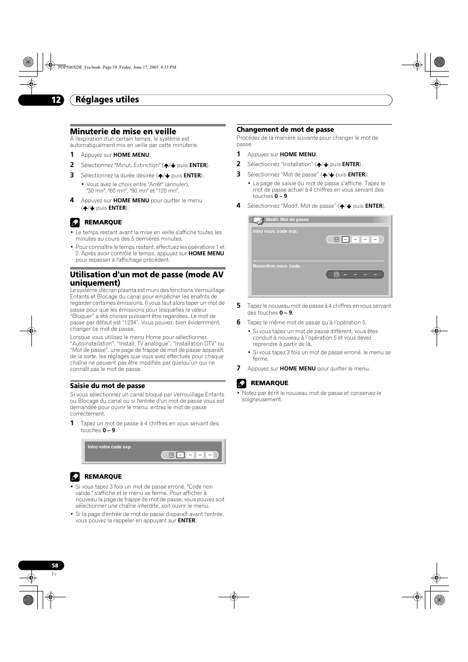 Saisie du mot de passe changement de mot de passe, Réglages utiles 12, Minuterie de mise en veille | Utilisation d'un mot de passe (mode av uniquement) | Pioneer PDP-506XDE User Manual | Page 136 / 236