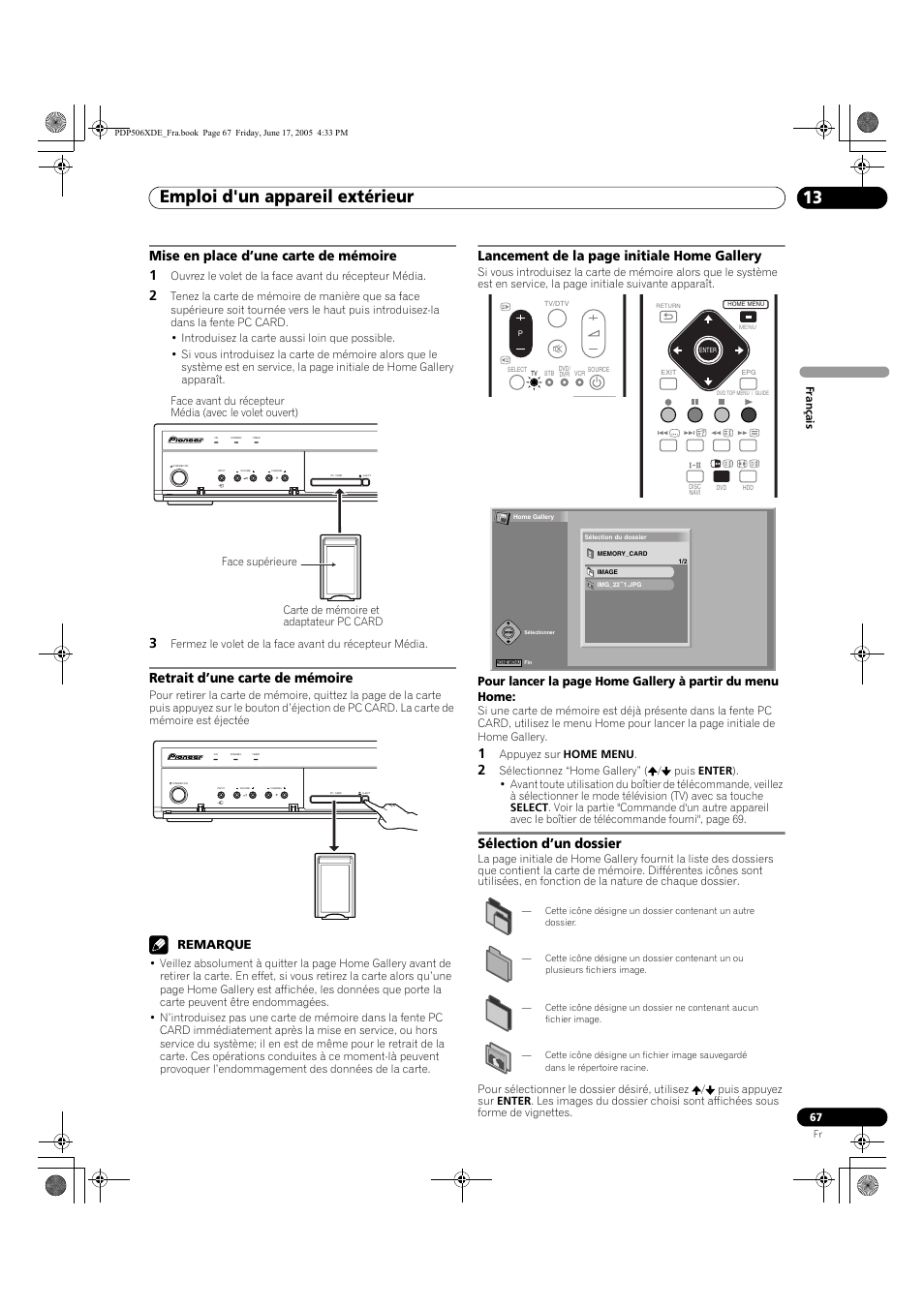 Emploi d'un appareil extérieur 13, Mise en place d’une carte de mémoire 1, Retrait d’une carte de mémoire | Lancement de la page initiale home gallery, Sélection d’un dossier, Remarque | Pioneer PDP-506XDE User Manual | Page 145 / 236