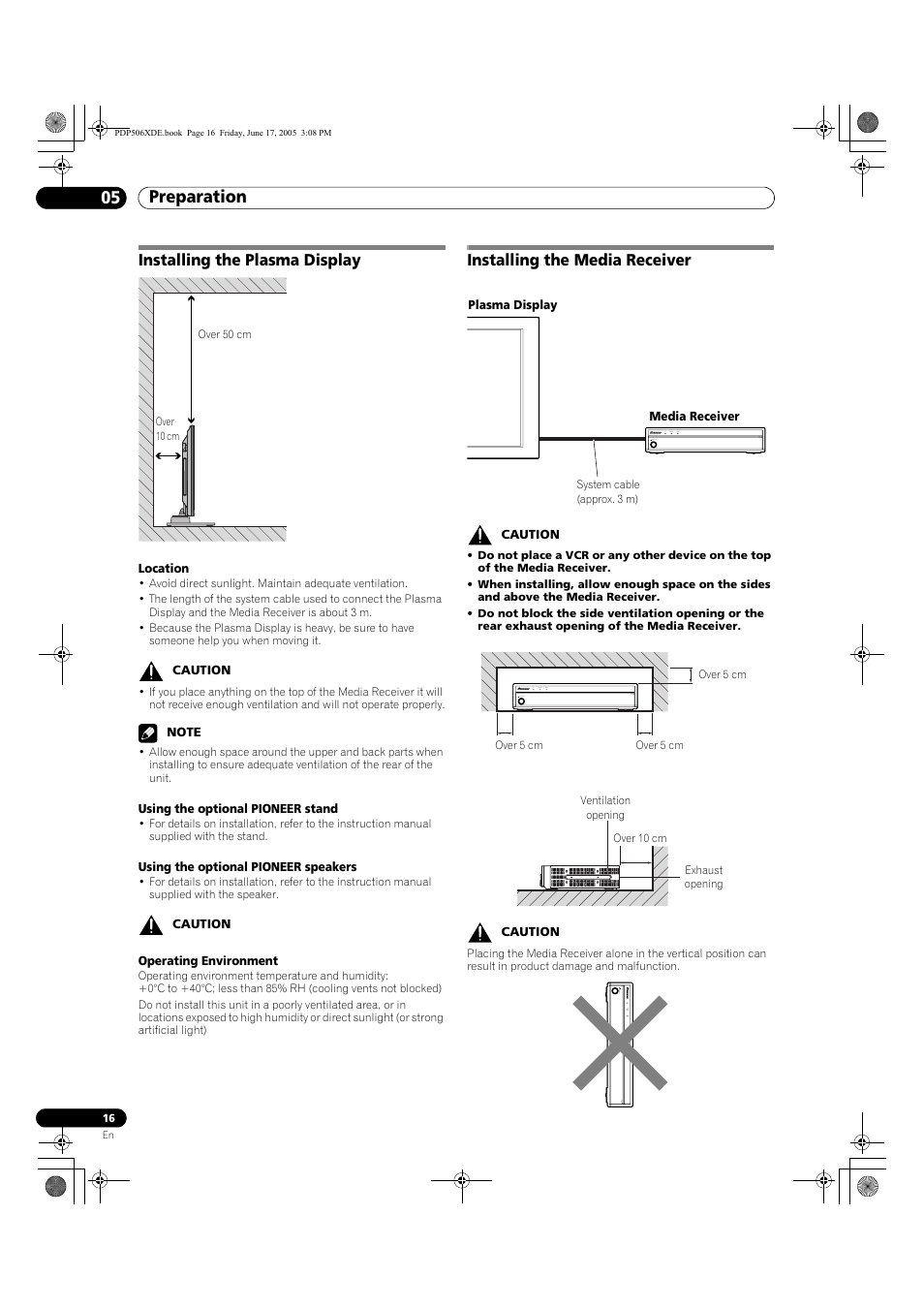 05 preparation, Preparation 05 preparation, Installing the plasma display | Installing the media receiver | Pioneer PDP-506XDE User Manual | Page 16 / 236