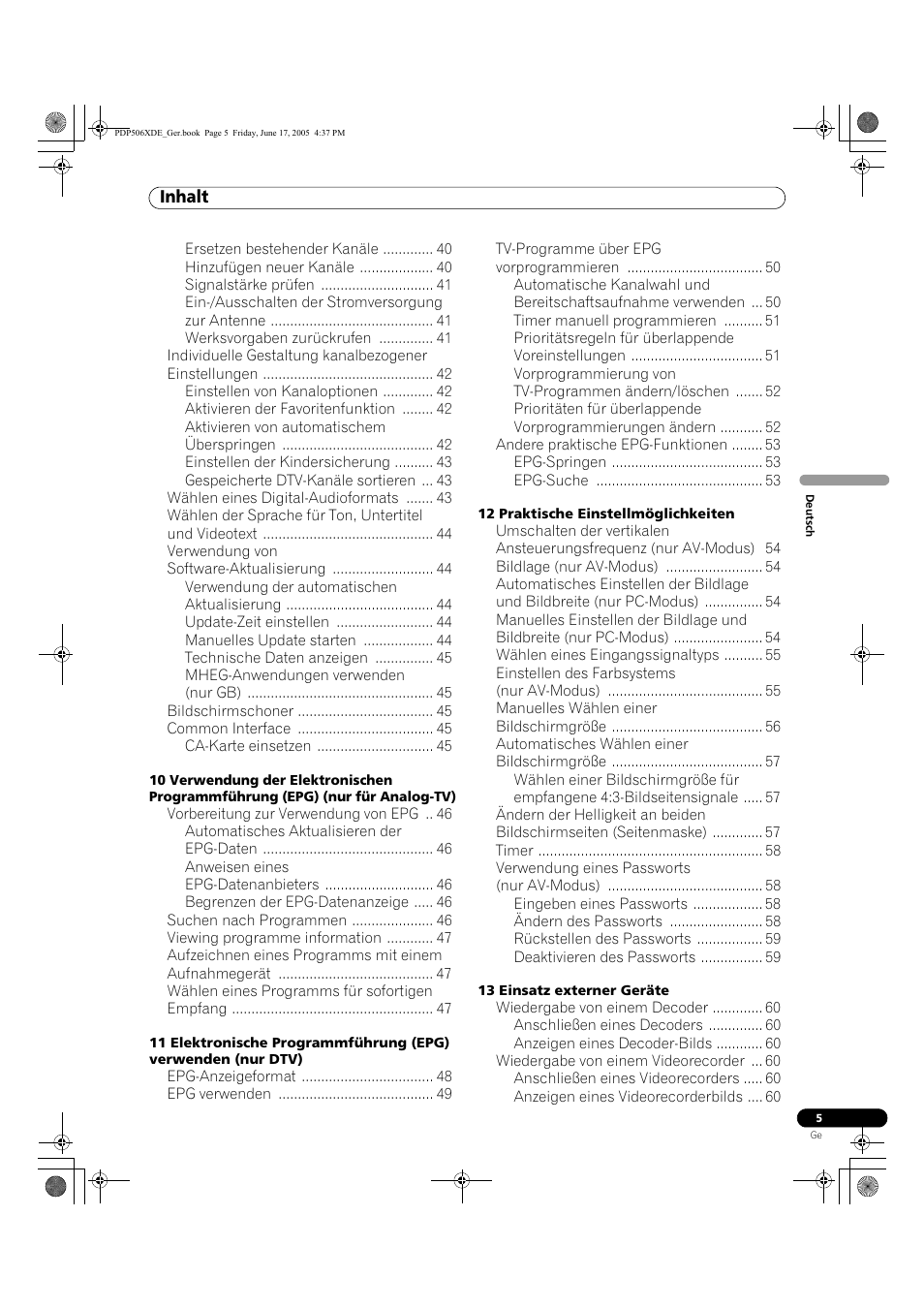 Inhalt | Pioneer PDP-506XDE User Manual | Page 161 / 236
