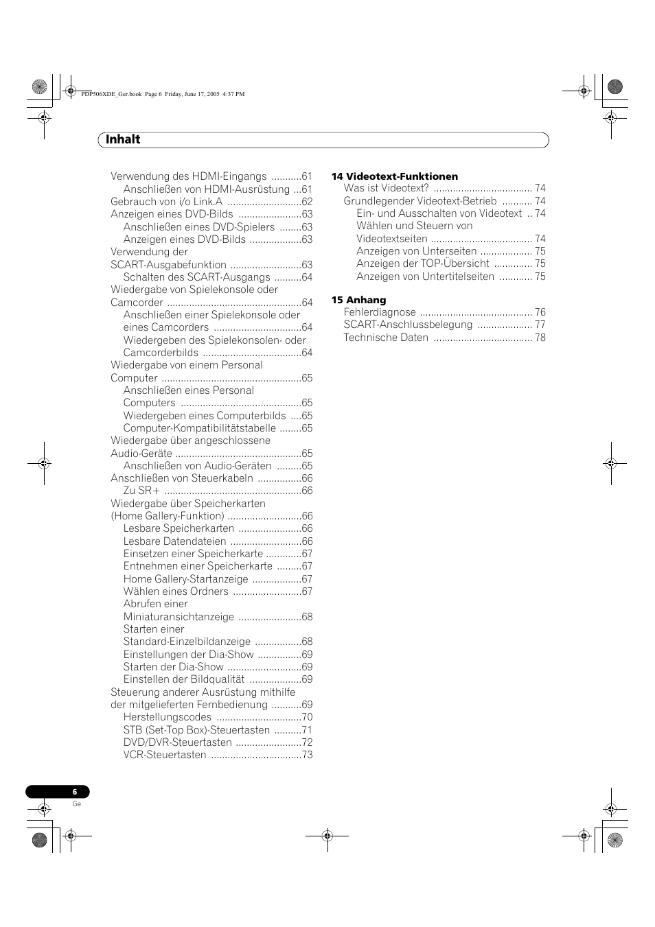 Inhalt | Pioneer PDP-506XDE User Manual | Page 162 / 236