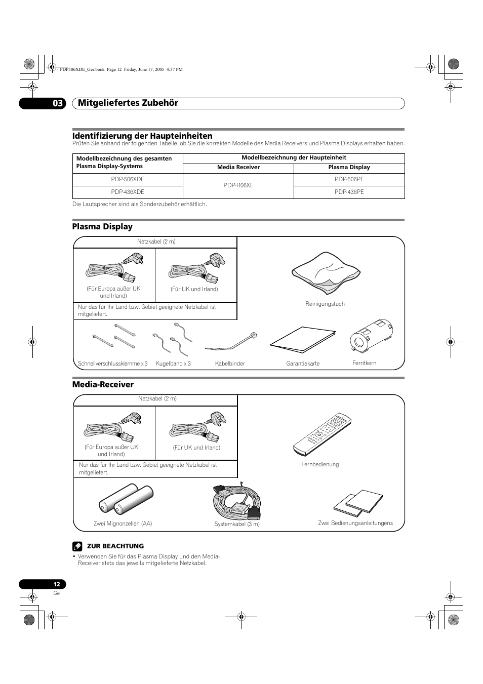 03 mitgeliefertes zubehör, Mitgeliefertes zubehör 03 mitgeliefertes zubehör, Identifizierung der haupteinheiten | Plasma display media-receiver | Pioneer PDP-506XDE User Manual | Page 168 / 236