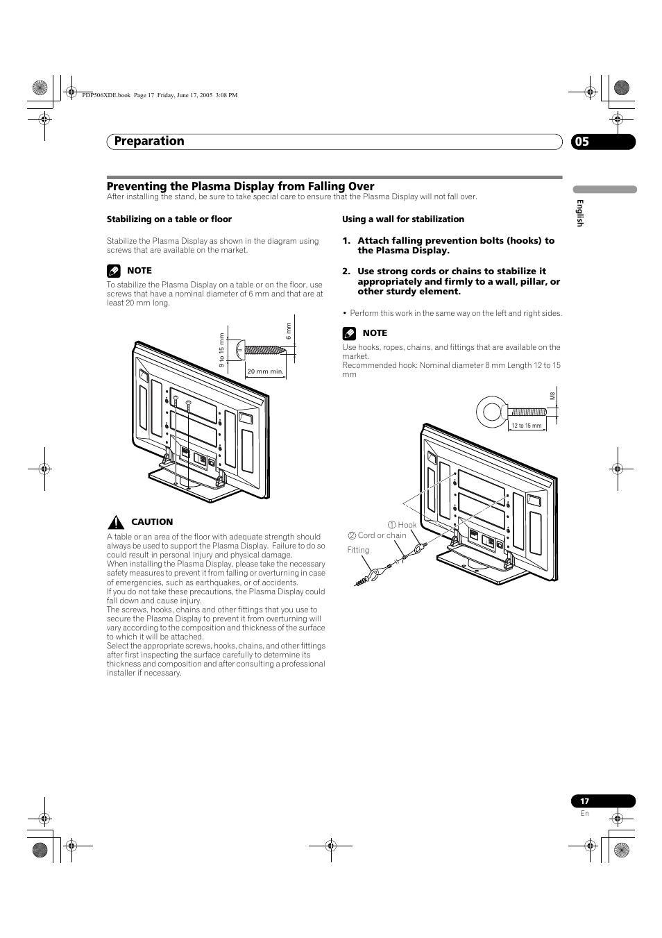 Preventing the plasma display from falling over, Preparation 05 | Pioneer PDP-506XDE User Manual | Page 17 / 236