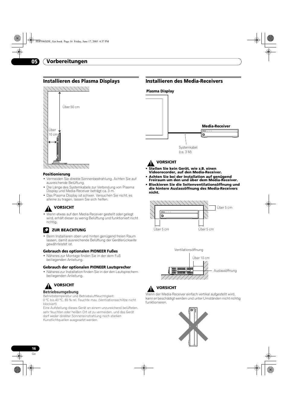 05 vorbereitungen, Vorbereitungen 05 vorbereitungen, Installieren des plasma displays | Installieren des media-receivers | Pioneer PDP-506XDE User Manual | Page 172 / 236
