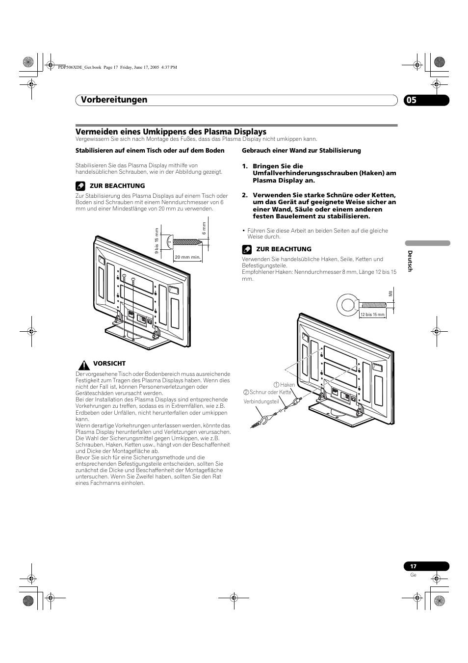 Vermeiden eines umkippens des plasma displays, Vorbereitungen 05 | Pioneer PDP-506XDE User Manual | Page 173 / 236