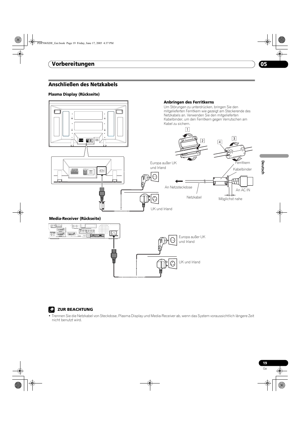 Anschließen des netzkabels, Vorbereitungen 05 | Pioneer PDP-506XDE User Manual | Page 175 / 236