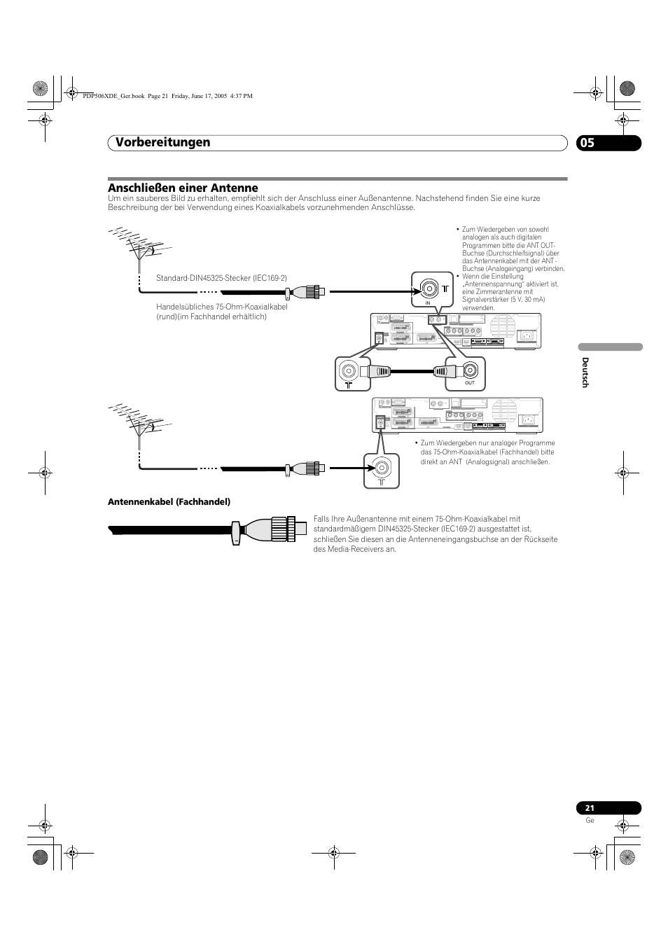 Anschließen einer antenne, Vorbereitungen 05 | Pioneer PDP-506XDE User Manual | Page 177 / 236