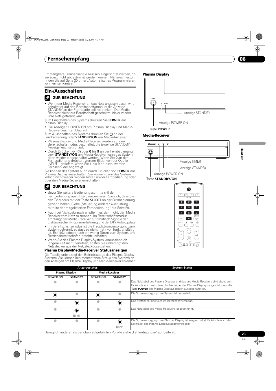 06 fernsehempfang, Ein-/ausschalten, Fernsehempfang 06 | Fernsehempfang, Timer standby on standby/on pull open | Pioneer PDP-506XDE User Manual | Page 179 / 236