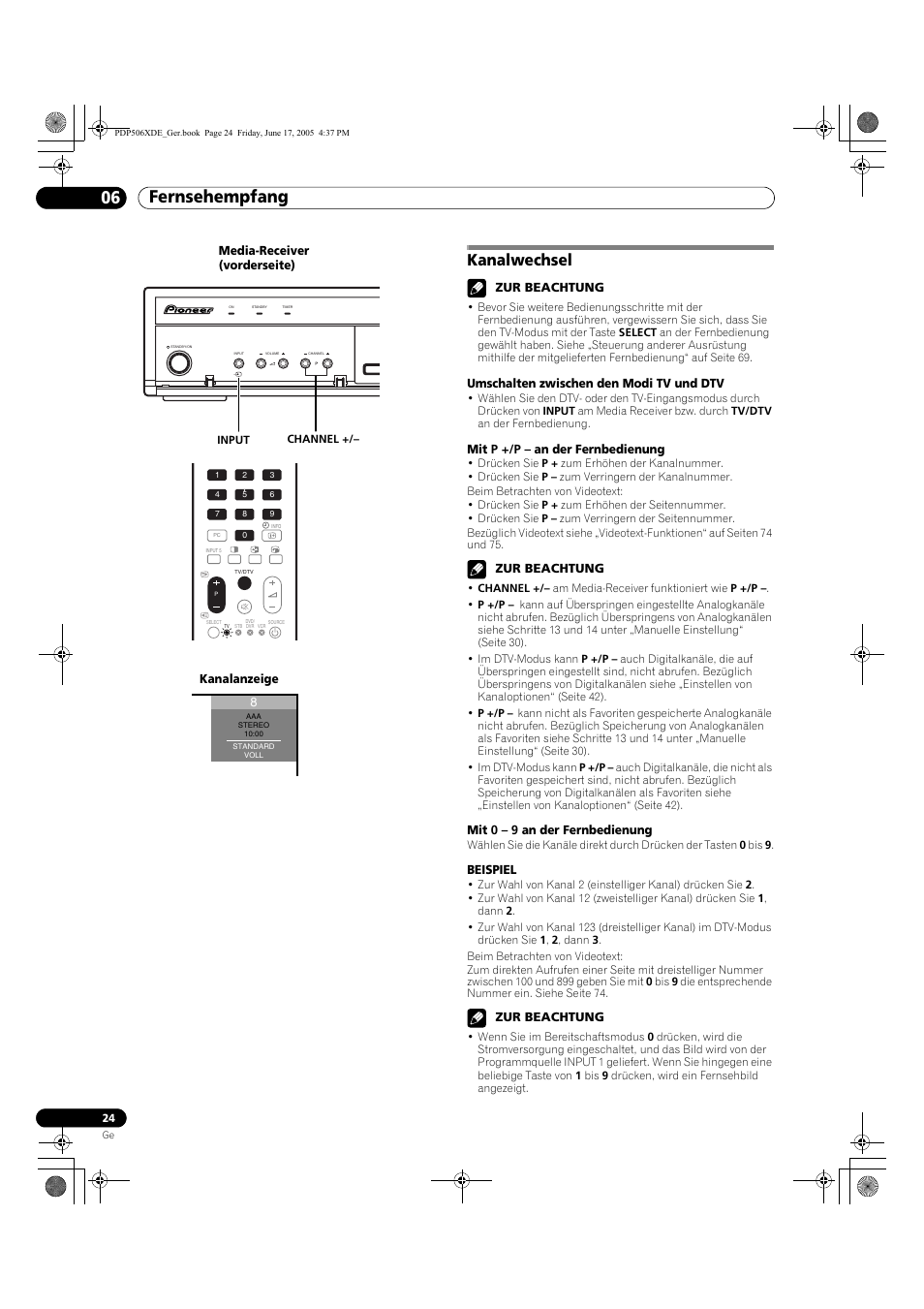 Kanalwechsel, Fernsehempfang 06 | Pioneer PDP-506XDE User Manual | Page 180 / 236