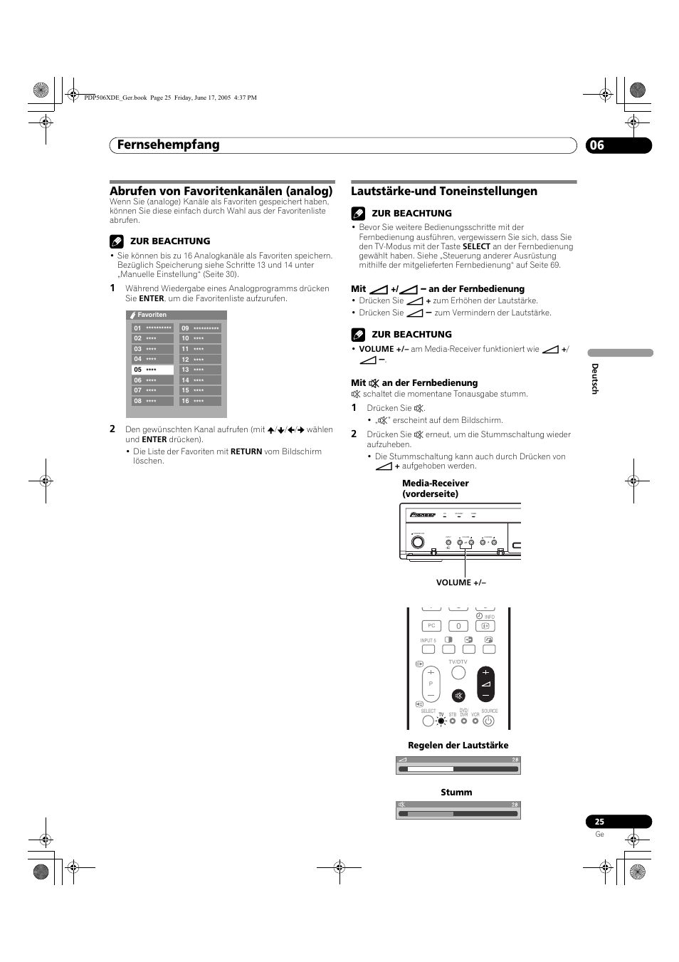 Fernsehempfang 06, Abrufen von favoritenkanälen (analog), Lautstärke-und toneinstellungen | Pioneer PDP-506XDE User Manual | Page 181 / 236