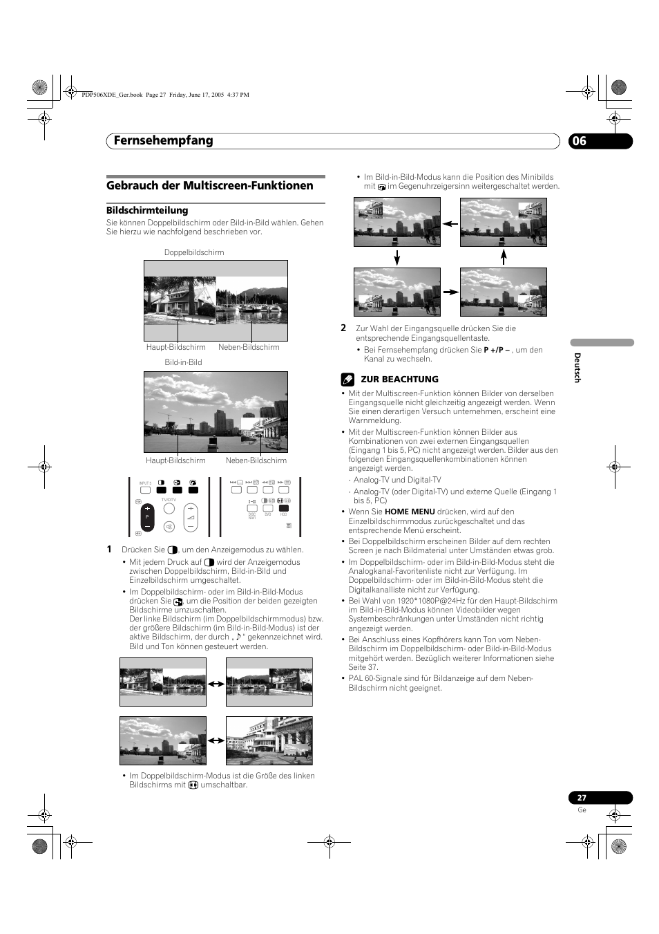 Gebrauch der multiscreen-funktionen, Bildschirmteilung, Fernsehempfang 06 | Pioneer PDP-506XDE User Manual | Page 183 / 236