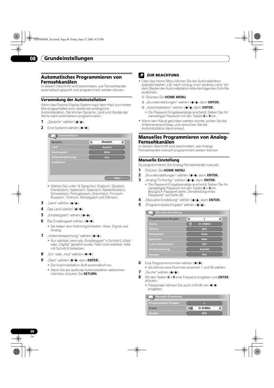08 grundeinstellungen, Automatisches programmieren von fernsehkanälen, Verwendung der autoinstallation | Manuelles programmieren von analog-fernsehkanälen, Manuelle einstellung, Grundeinstellungen 08 grundeinstellungen, Manuelles programmieren von analog- fernsehkanälen | Pioneer PDP-506XDE User Manual | Page 186 / 236