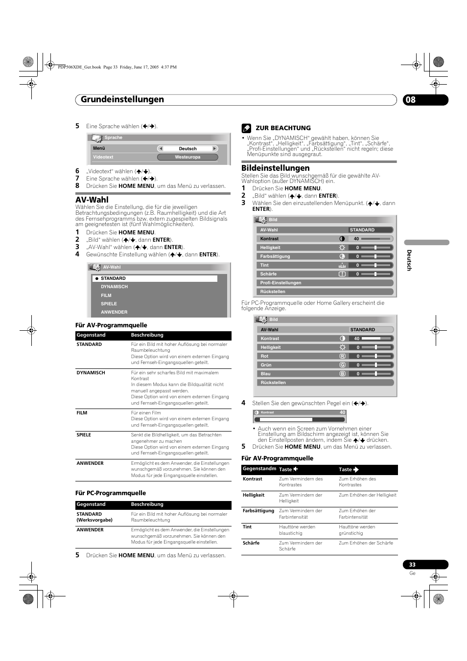 Av-wahl bildeinstellungen, Grundeinstellungen 08, Av-wahl | Bildeinstellungen | Pioneer PDP-506XDE User Manual | Page 189 / 236