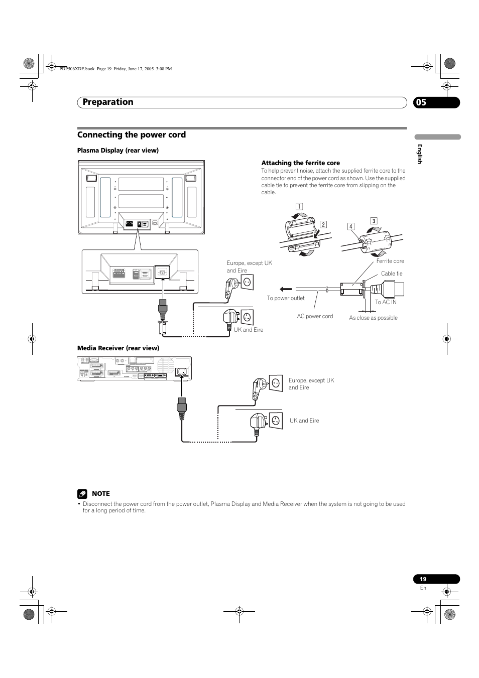 Connecting the power cord, Preparation 05 | Pioneer PDP-506XDE User Manual | Page 19 / 236