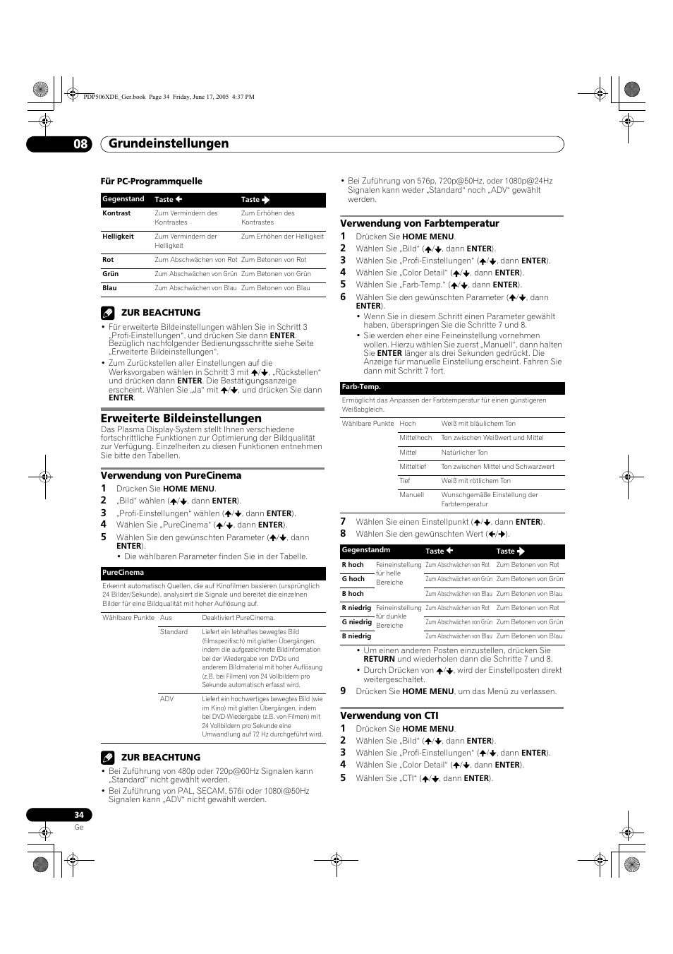 Erweiterte bildeinstellungen, Grundeinstellungen 08 | Pioneer PDP-506XDE User Manual | Page 190 / 236