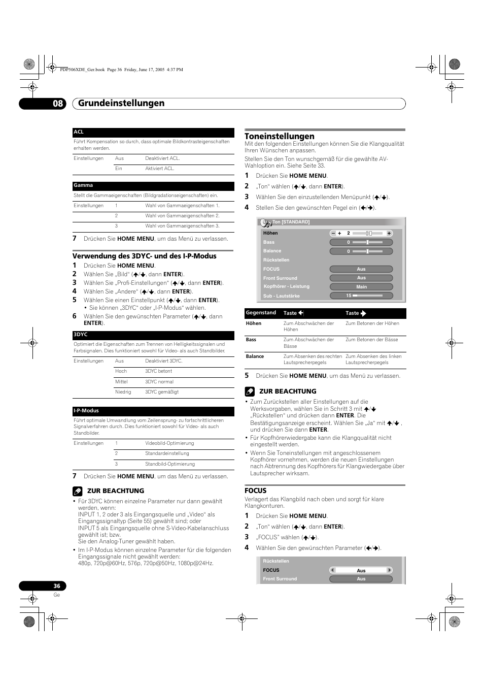 Verwendung des 3dyc- und des i-p-modus, Toneinstellungen, Focus | Grundeinstellungen 08 | Pioneer PDP-506XDE User Manual | Page 192 / 236