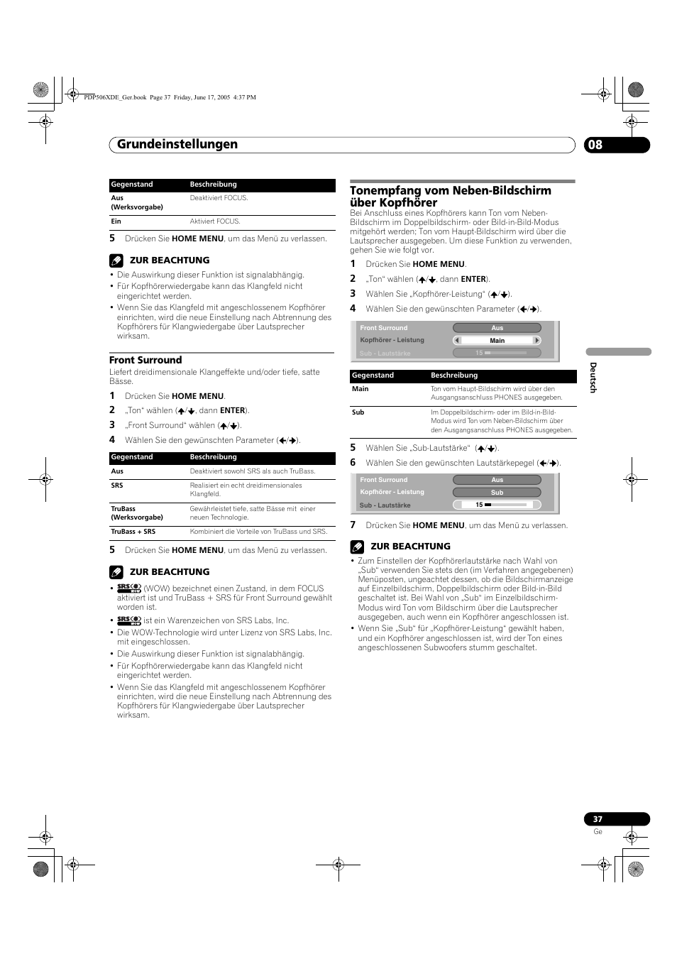 Front surround, Tonempfang vom neben-bildschirm über kopfhörer, Grundeinstellungen 08 | Pioneer PDP-506XDE User Manual | Page 193 / 236