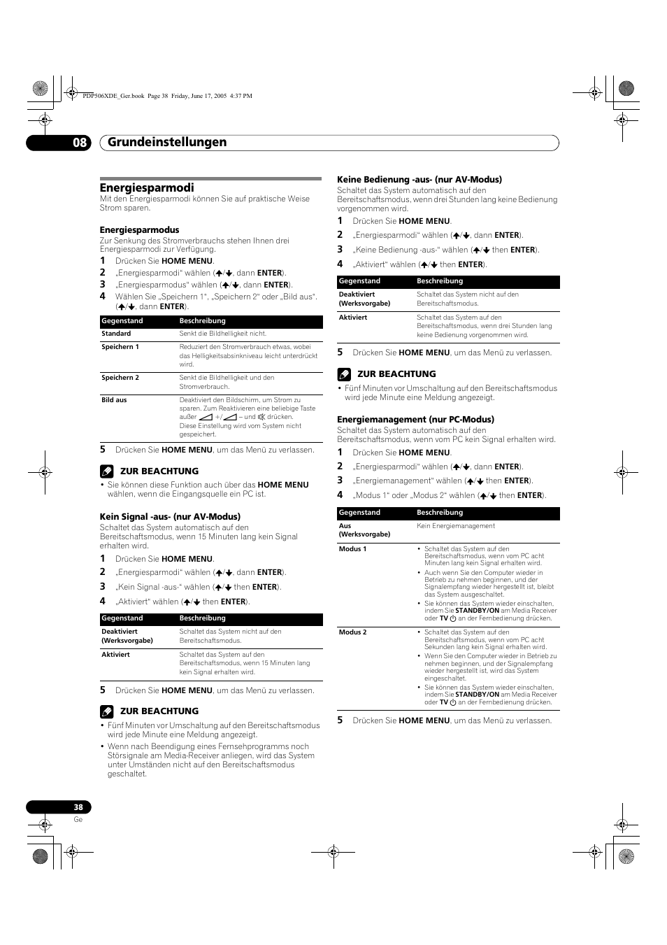 Energiesparmodi, Grundeinstellungen 08 | Pioneer PDP-506XDE User Manual | Page 194 / 236