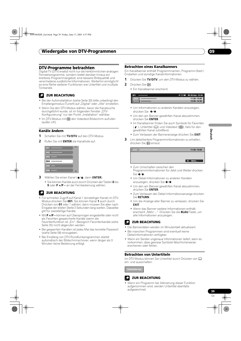 09 wiedergabe von dtv-programmen, Dtv-programme betrachten, Wiedergabe von dtv-programmen 09 | Wiedergabe von dtv-programmen | Pioneer PDP-506XDE User Manual | Page 195 / 236