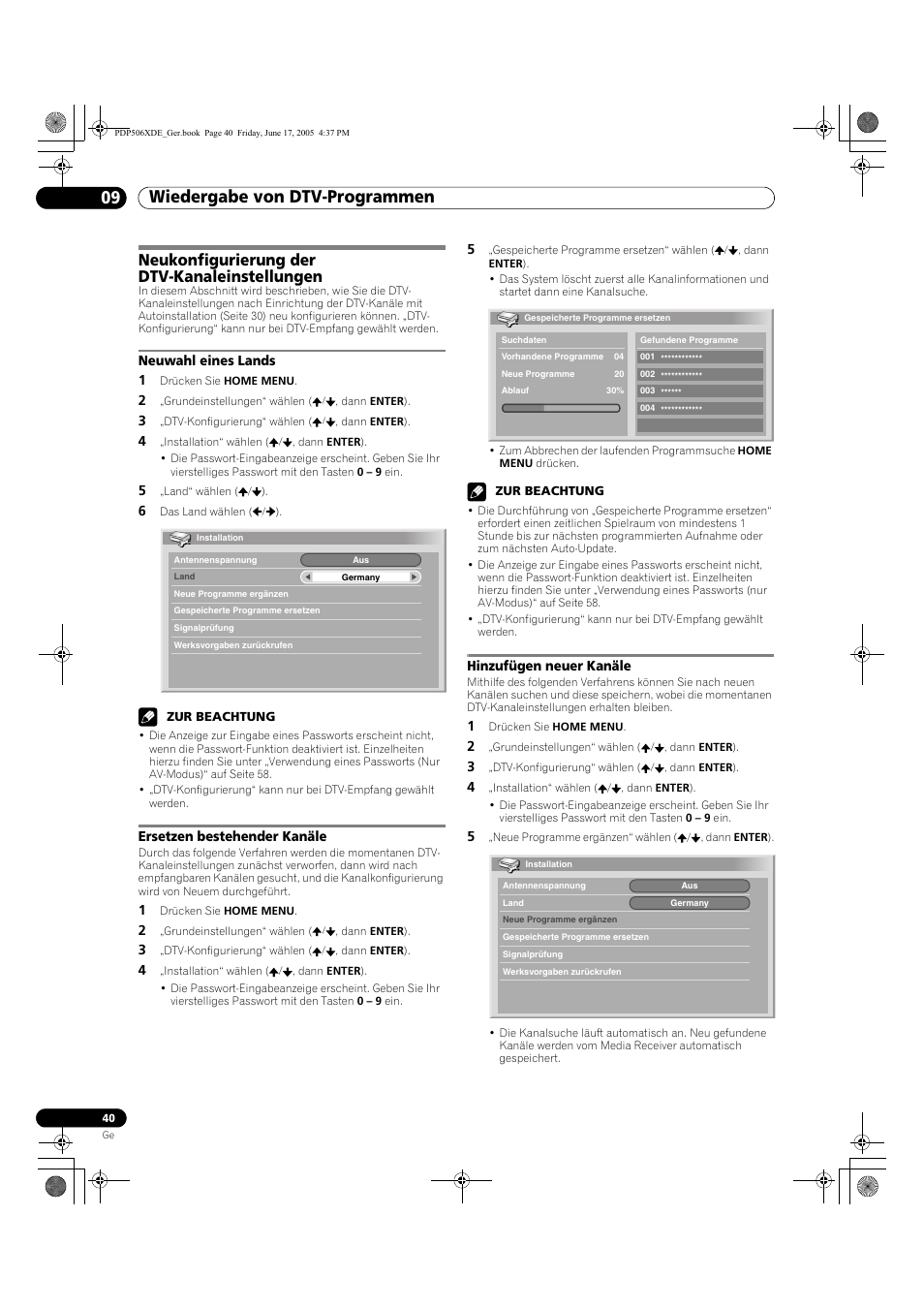 Neukonfigurierung der dtv-kanaleinstellungen, Neuwahl eines lands, Wiedergabe von dtv-programmen 09 | Pioneer PDP-506XDE User Manual | Page 196 / 236