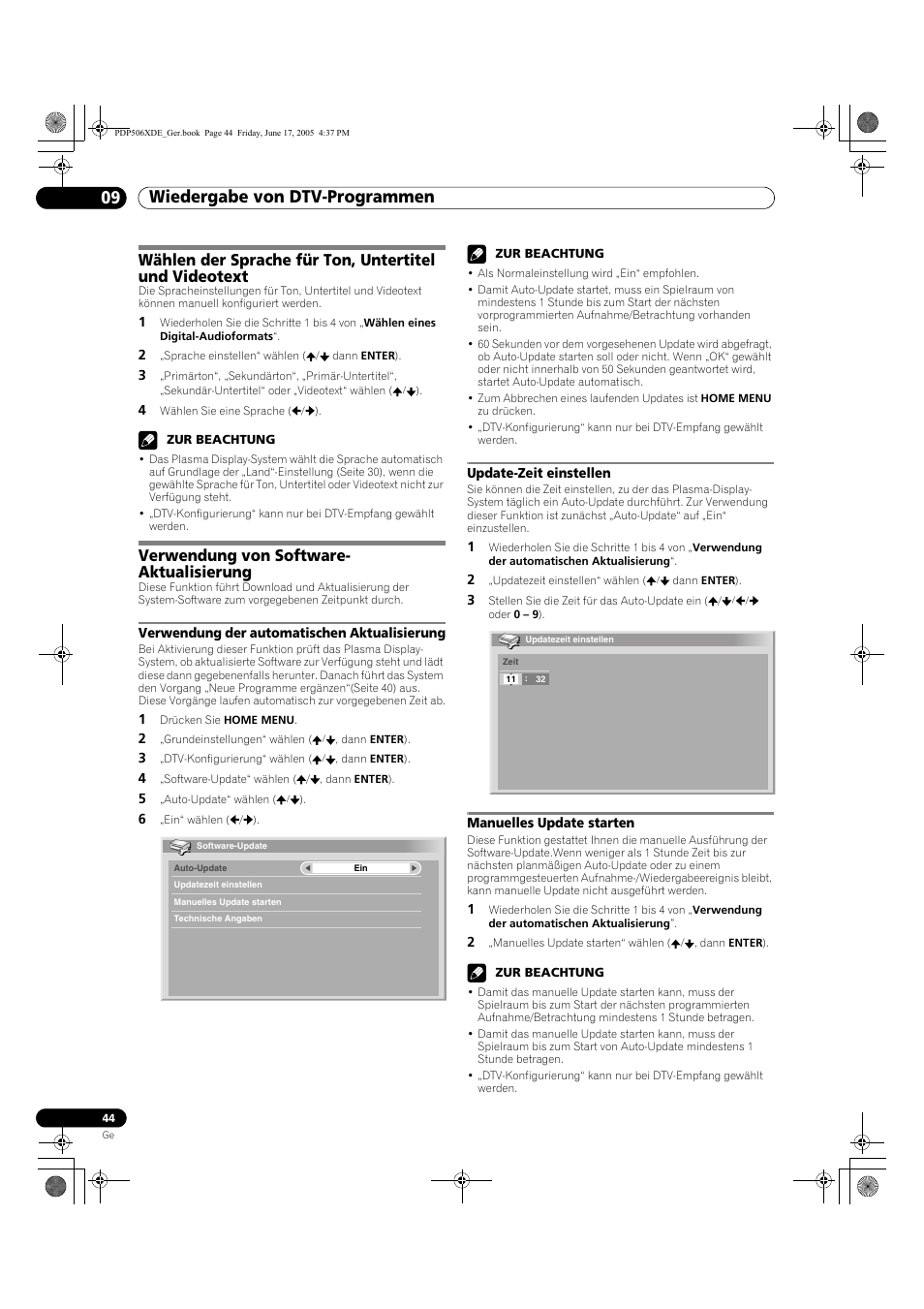 Wiedergabe von dtv-programmen 09, Verwendung von software- aktualisierung | Pioneer PDP-506XDE User Manual | Page 200 / 236