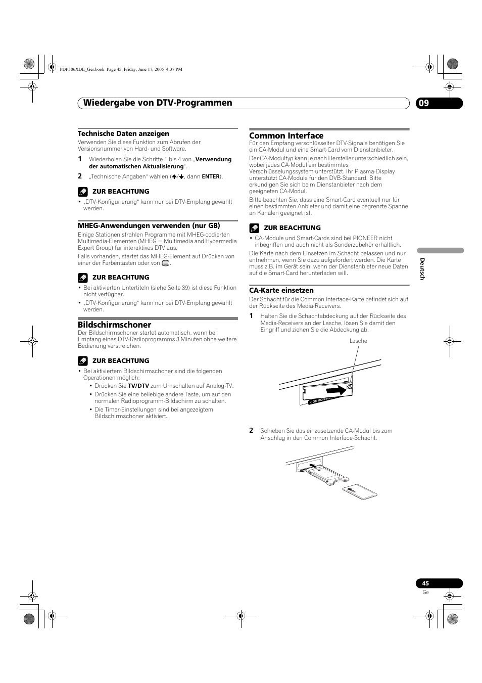 Bildschirmschoner common interface, Ca-karte einsetzen, Wiedergabe von dtv-programmen 09 | Bildschirmschoner, Common interface | Pioneer PDP-506XDE User Manual | Page 201 / 236