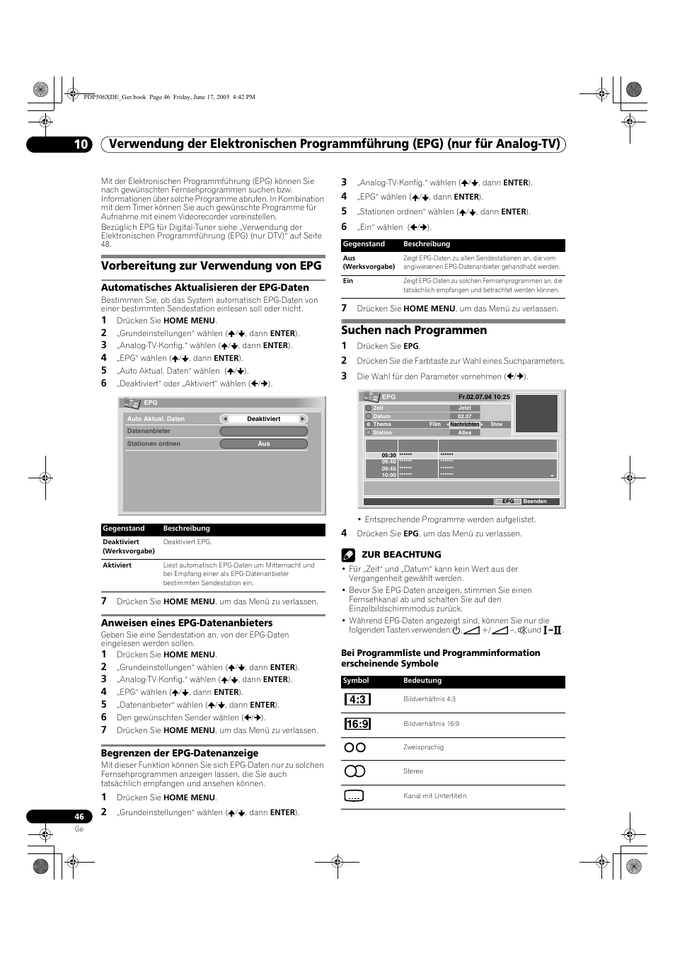 Vorbereitung zur verwendung von epg, Suchen nach programmen | Pioneer PDP-506XDE User Manual | Page 202 / 236