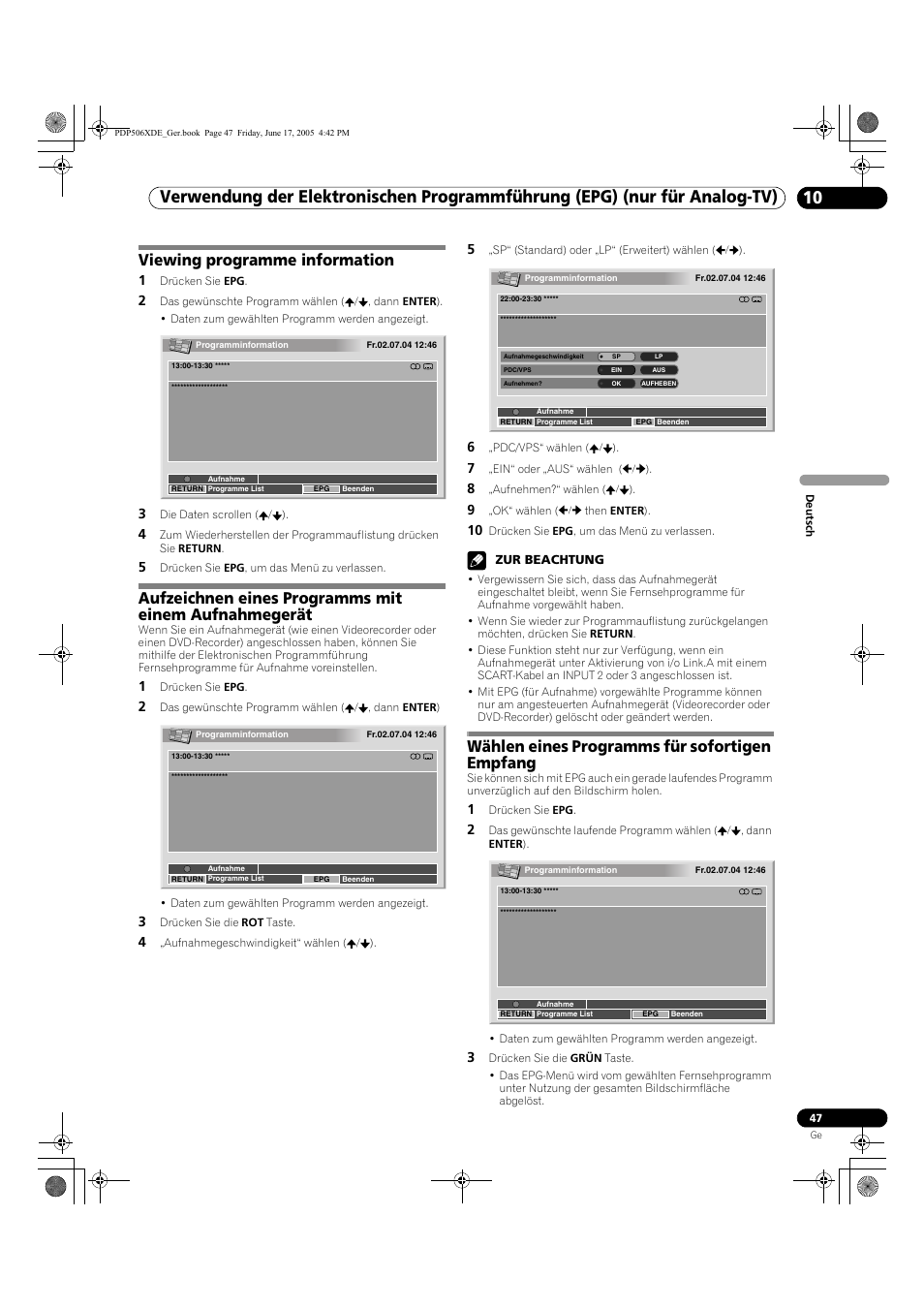 Viewing programme information, Wählen eines programms für sofortigen empfang | Pioneer PDP-506XDE User Manual | Page 203 / 236