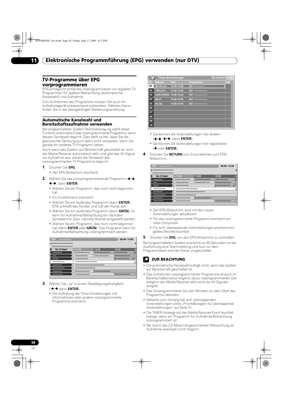 Tv-programme über epg vorprogrammieren | Pioneer PDP-506XDE User Manual | Page 206 / 236