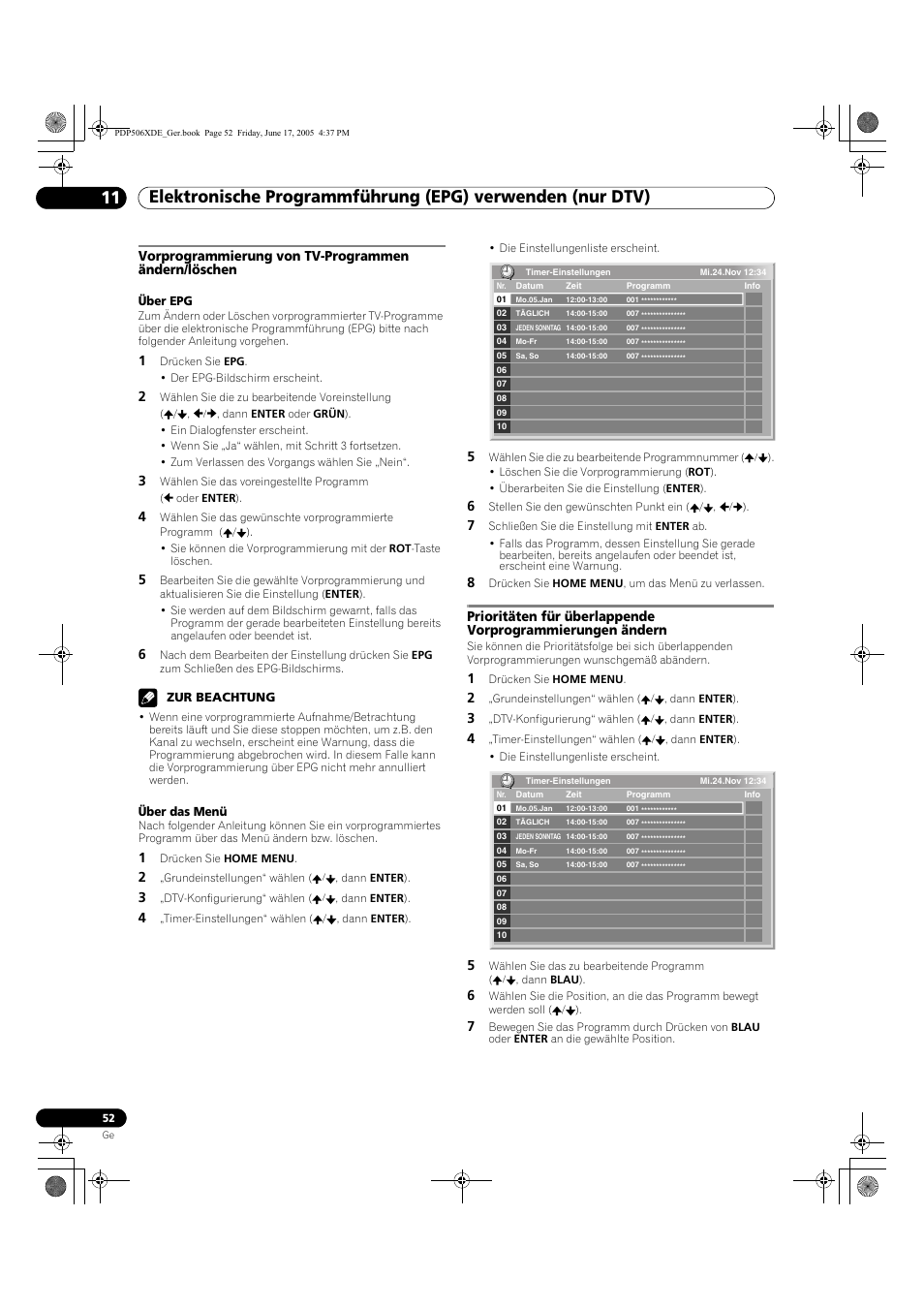 Vorprogrammierung von tv-programmen ändern/löschen | Pioneer PDP-506XDE User Manual | Page 208 / 236