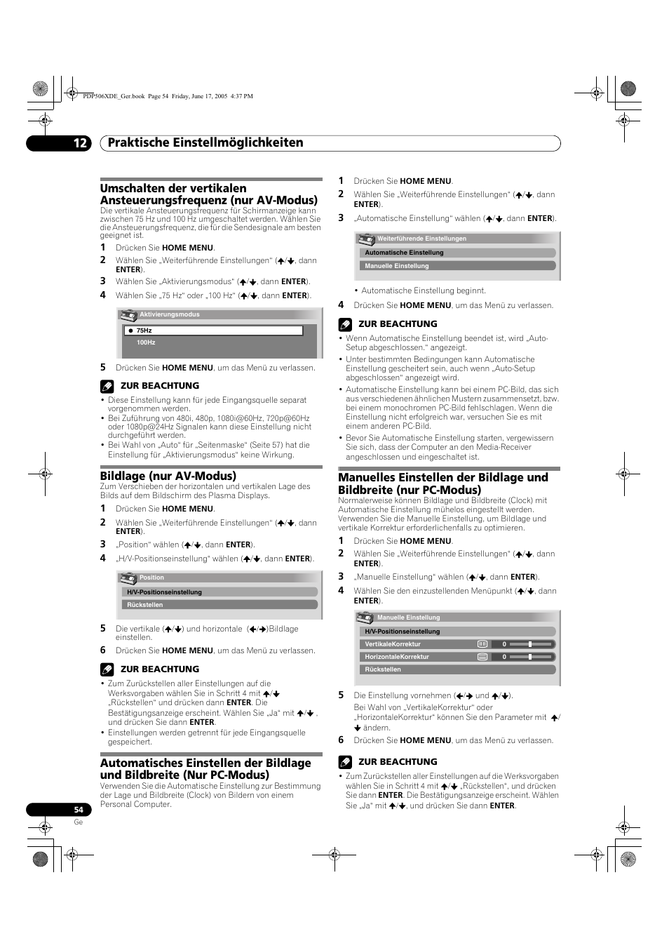 12 praktische einstellmöglichkeiten, Bildlage (nur av-modus) | Pioneer PDP-506XDE User Manual | Page 210 / 236