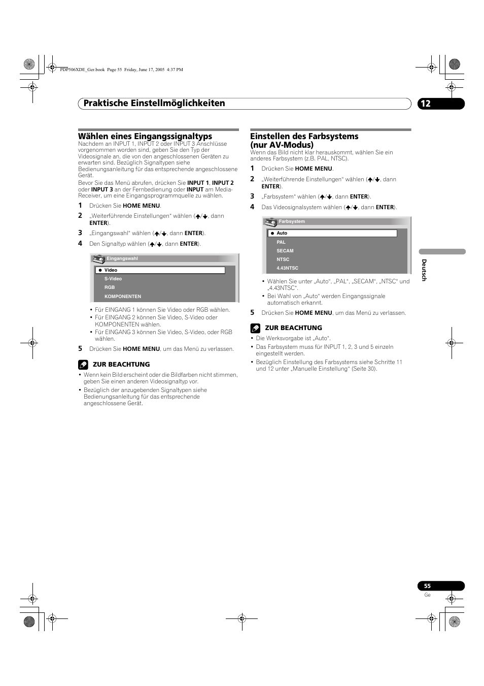 Praktische einstellmöglichkeiten 12, Wählen eines eingangssignaltyps, Einstellen des farbsystems (nur av-modus) | Pioneer PDP-506XDE User Manual | Page 211 / 236
