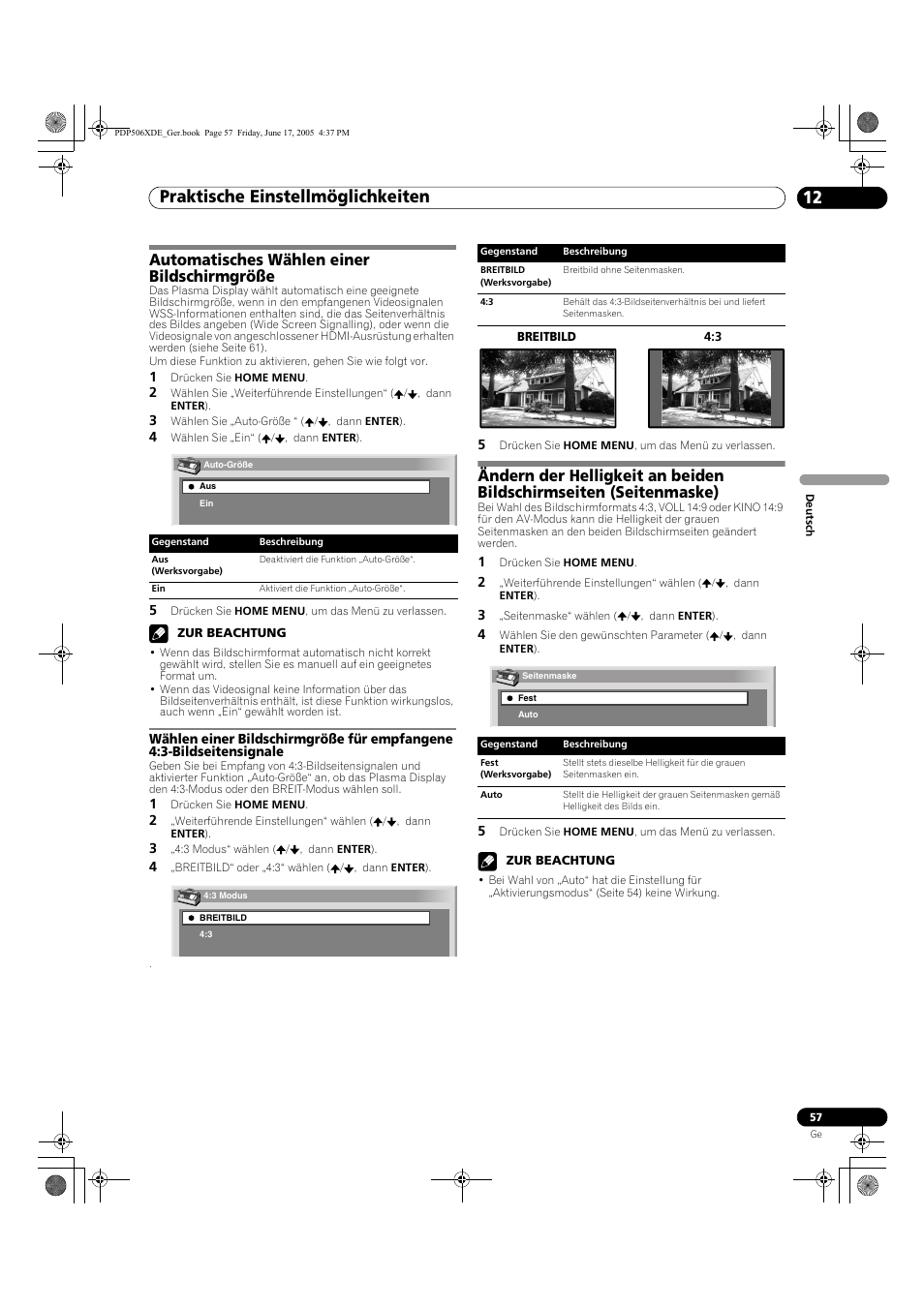 Automatisches wählen einer bildschirmgröße, Praktische einstellmöglichkeiten 12 | Pioneer PDP-506XDE User Manual | Page 213 / 236