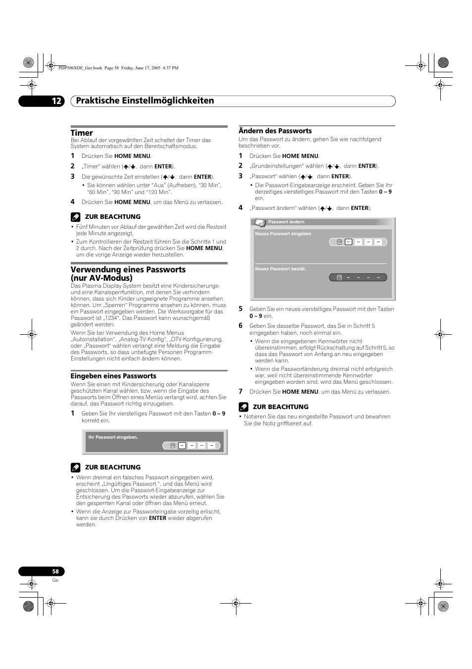 Timer verwendung eines passworts (nur av-modus), Eingeben eines passworts ändern des passworts, Praktische einstellmöglichkeiten 12 | Timer, Verwendung eines passworts (nur av-modus) | Pioneer PDP-506XDE User Manual | Page 214 / 236