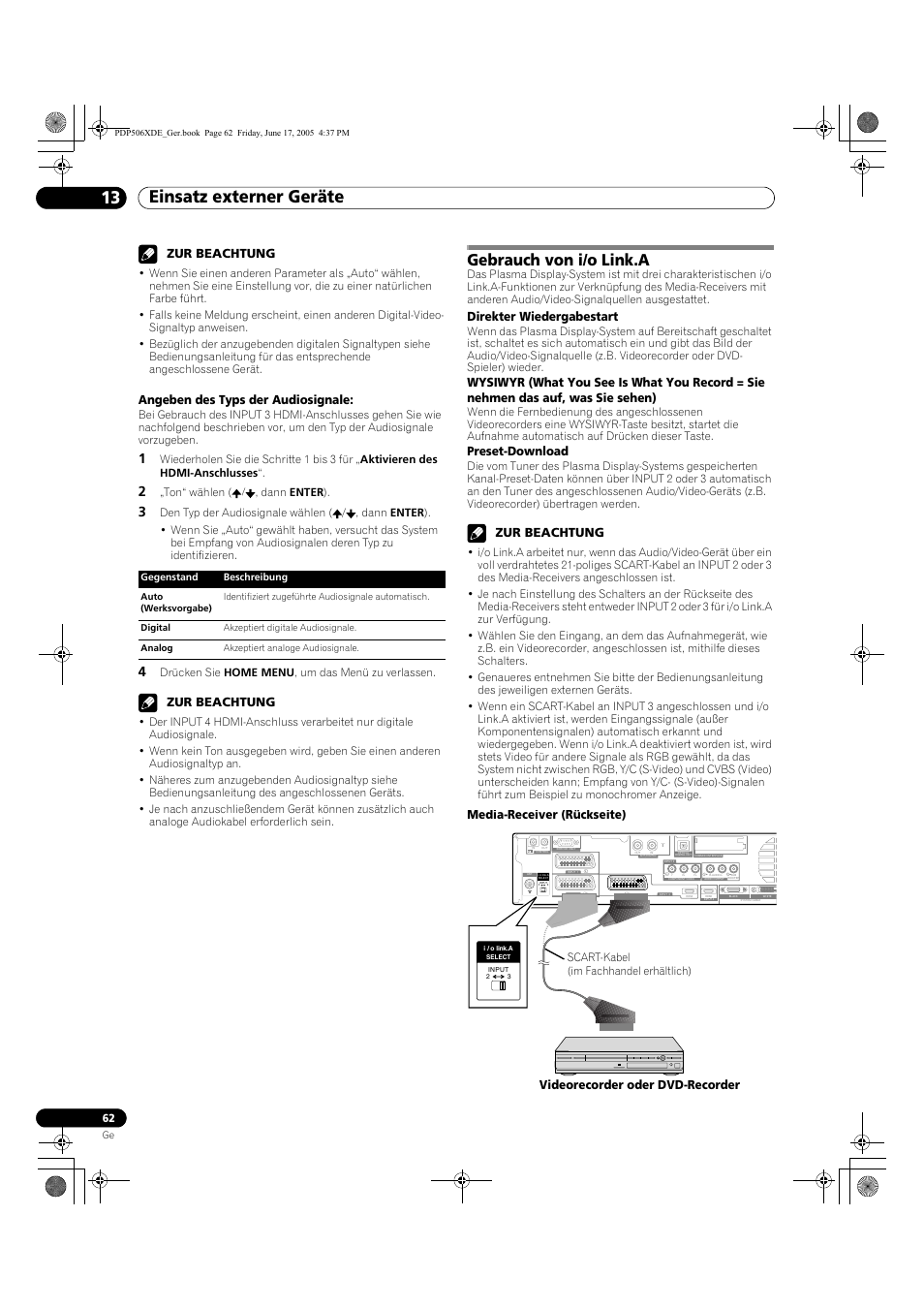 Gebrauch von i/o link.a, Einsatz externer geräte 13, Zur beachtung | Angeben des typs der audiosignale, Direkter wiedergabestart, Preset-download, Media-receiver (rückseite), Videorecorder oder dvd-recorder | Pioneer PDP-506XDE User Manual | Page 218 / 236