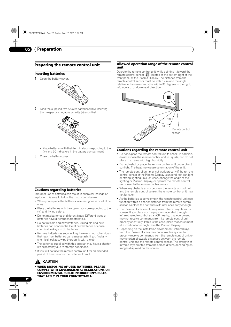 Preparing the remote control unit, Preparation 05 | Pioneer PDP-506XDE User Manual | Page 22 / 236