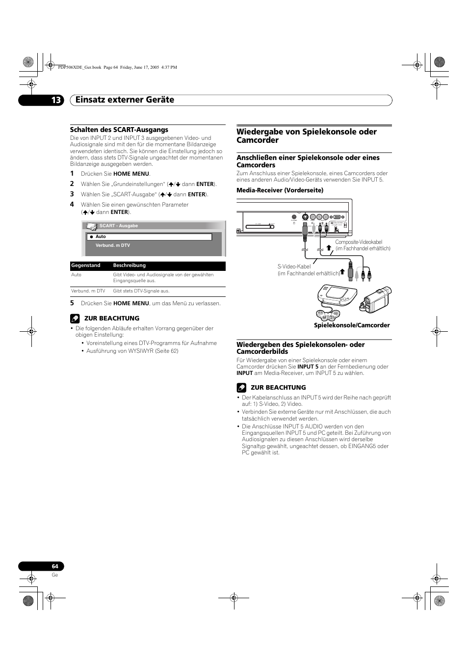Schalten des scart-ausgangs, Wiedergabe von spielekonsole oder camcorder, Einsatz externer geräte 13 | Pioneer PDP-506XDE User Manual | Page 220 / 236