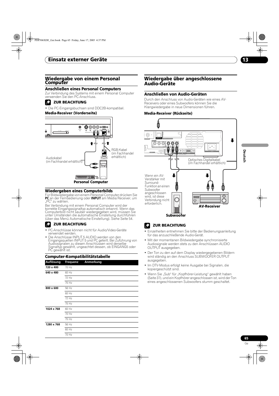 Wiedergabe von einem personal computer, Wiedergabe über angeschlossene audio-geräte, Anschließen von audio-geräten | Einsatz externer geräte 13, Anschließen eines personal computers, Wiedergeben eines computerbilds, Computer-kompatibilitätstabelle, Zur beachtung, Media-receiver (vorderseite), Personal computer | Pioneer PDP-506XDE User Manual | Page 221 / 236