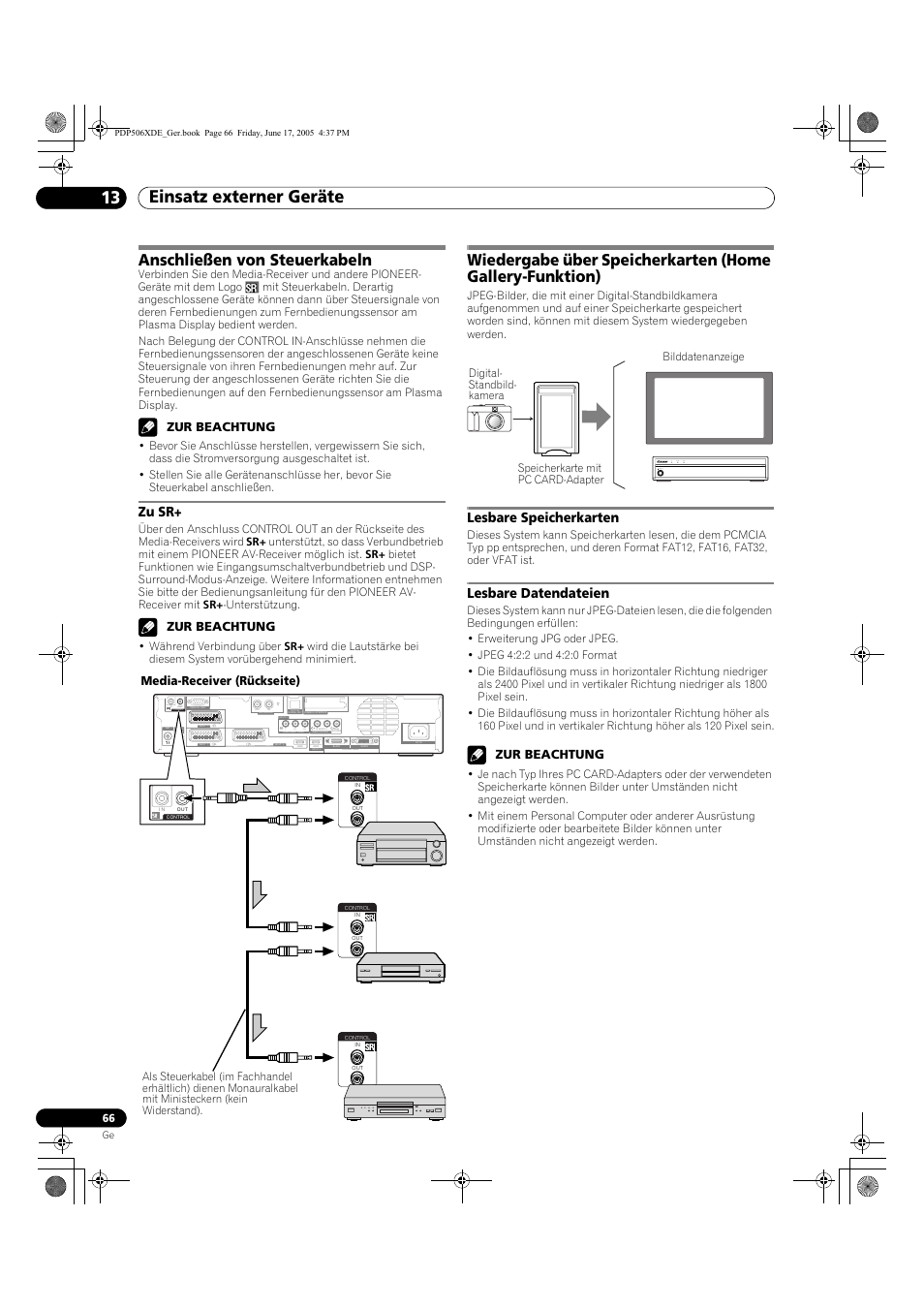 Anschließen von steuerkabeln, Zu sr, Lesbare speicherkarten lesbare datendateien | Einsatz externer geräte 13, Lesbare speicherkarten, Lesbare datendateien, Timer standby on standby/on pull open, Zur beachtung, Media-receiver (rückseite) | Pioneer PDP-506XDE User Manual | Page 222 / 236