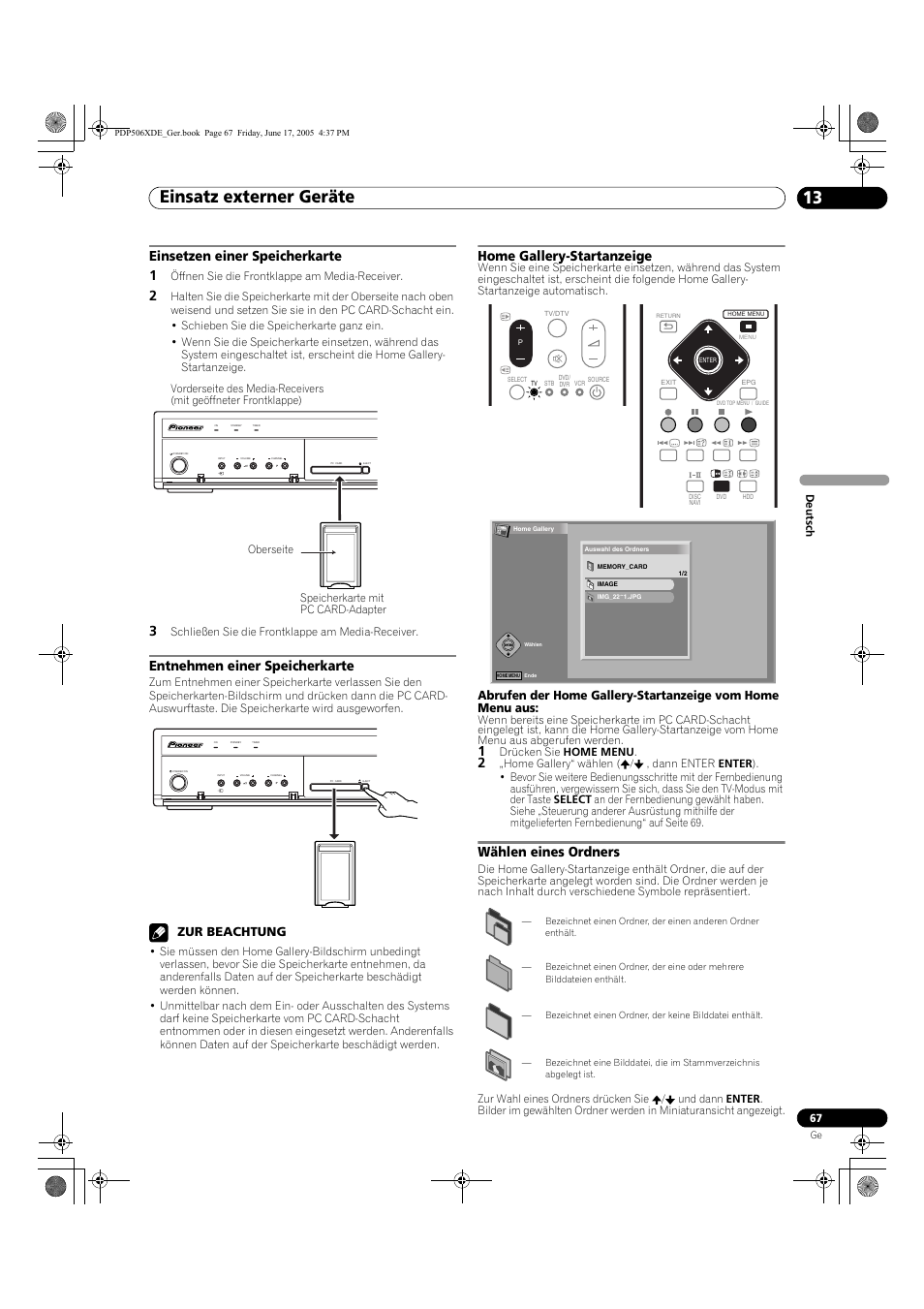 Einsatz externer geräte 13, Einsetzen einer speicherkarte 1, Entnehmen einer speicherkarte | Home gallery-startanzeige, Wählen eines ordners, Zur beachtung | Pioneer PDP-506XDE User Manual | Page 223 / 236