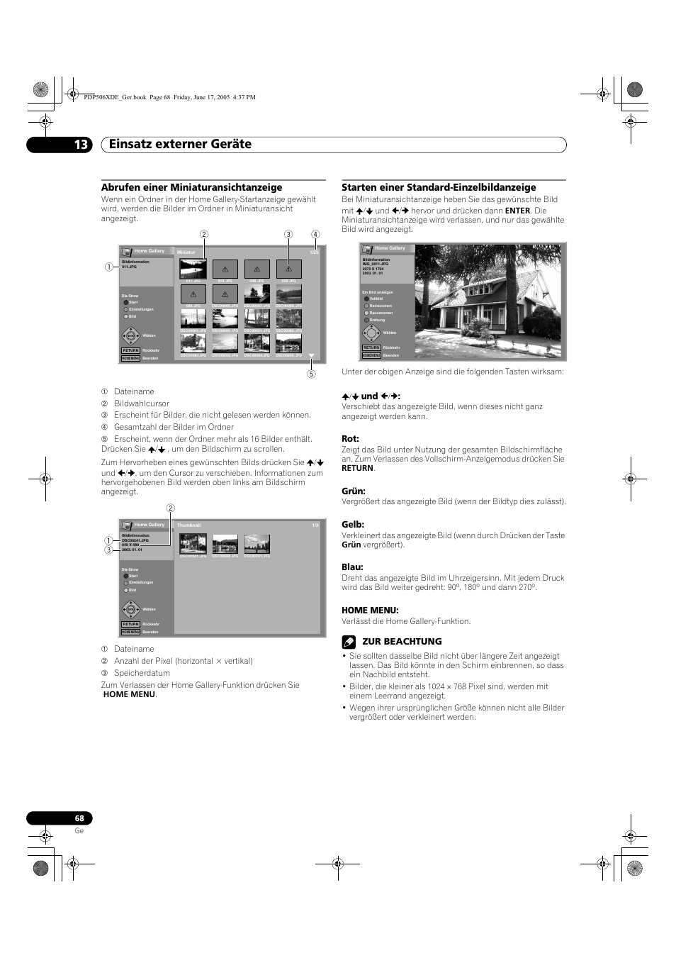 Einsatz externer geräte 13, Abrufen einer miniaturansichtanzeige, Starten einer standard-einzelbildanzeige | Grün, Gelb, Blau, Home menu, Zur beachtung | Pioneer PDP-506XDE User Manual | Page 224 / 236