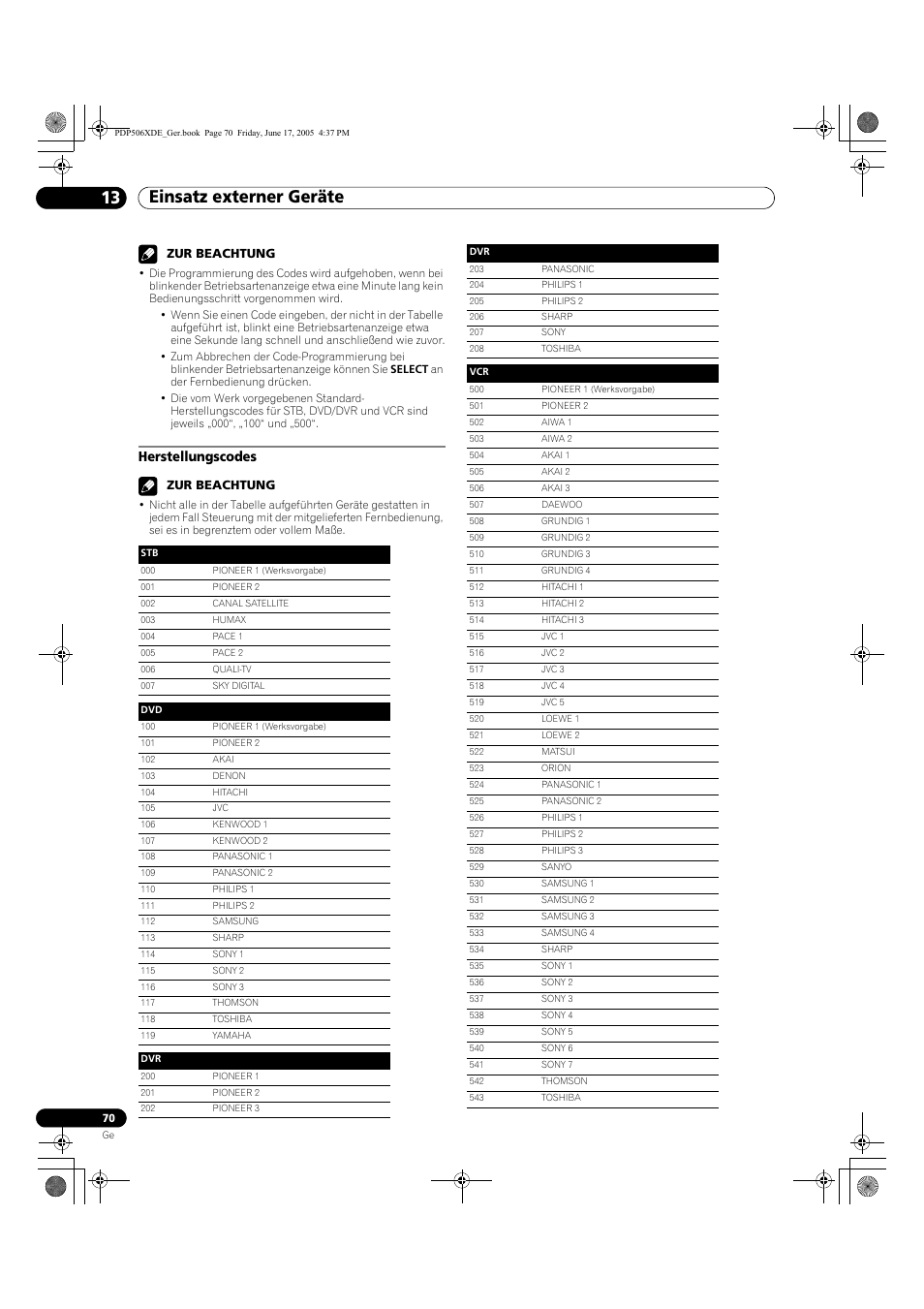 Herstellungscodes, Einsatz externer geräte 13, Zur beachtung | Pioneer PDP-506XDE User Manual | Page 226 / 236