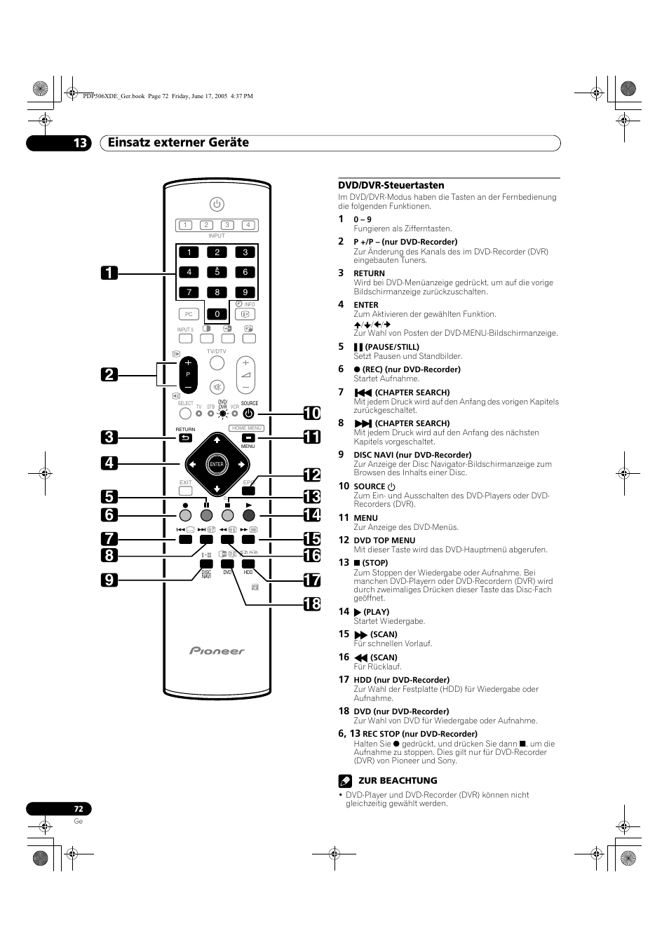 Dvd/dvr-steuertasten, Einsatz externer geräte 13 | Pioneer PDP-506XDE User Manual | Page 228 / 236