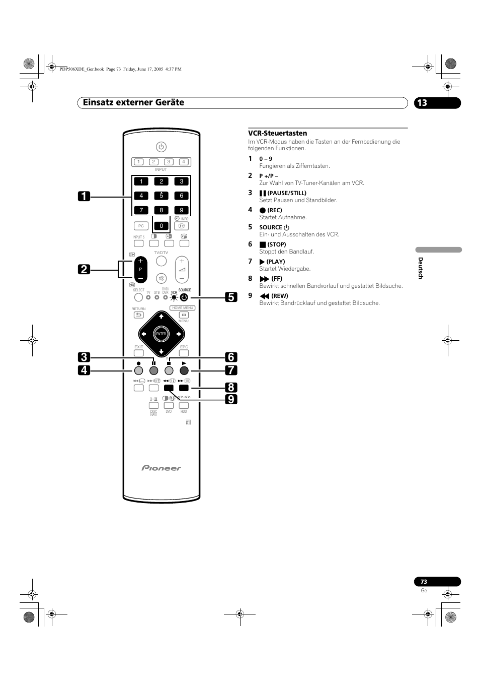 Vcr-steuertasten, Einsatz externer geräte 13 | Pioneer PDP-506XDE User Manual | Page 229 / 236