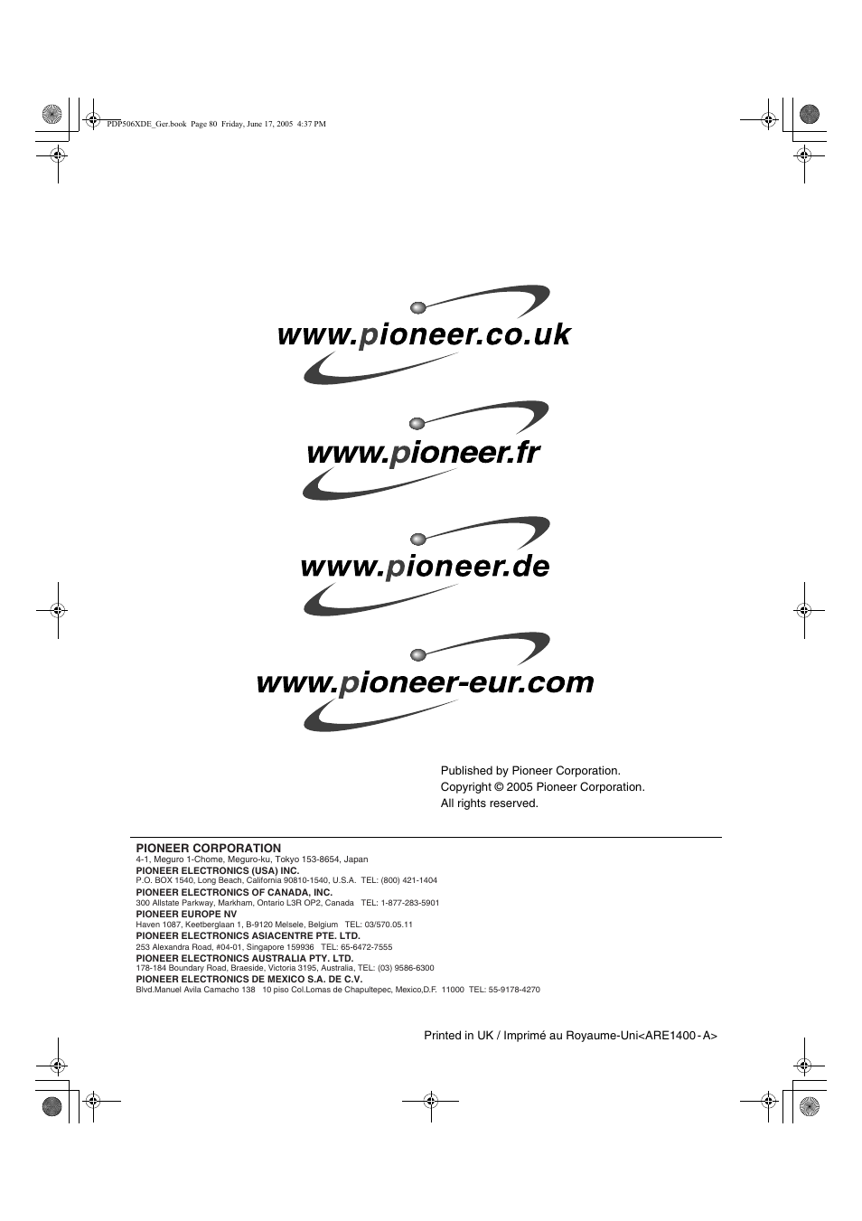 Pioneer PDP-506XDE User Manual | Page 236 / 236
